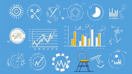 Fototapete - Set of 15 minimalist icons depicting statistical symbols and data visualization elements like bar charts trend analysis and optimization for infographic dashboard and business reporting design