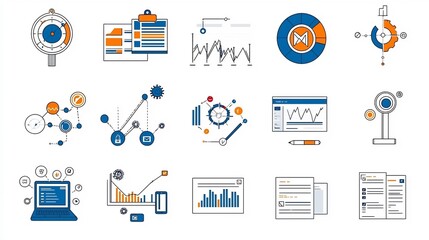 Poster - Set of 15 thin line icons for statistical analysis and data visualization tools featuring analytics dashboards optimization graphs and survey feedback forms vector