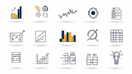 Aufkleber - Outline icon set of 15 symbols representing data and statistics including bar graphs survey boxes and trend analysis with a clean style and editable strokes for use in digital designs dashboards