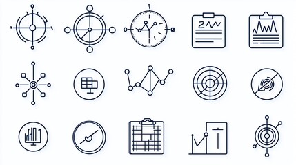 Aufkleber - Set of 15 simple linear icons representing various statistical functions data collection survey evaluation and optimization tools for business analytics and data driven decision making