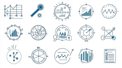 Fototapete - Collection of outline style icons featuring data analytics symbols optimization arrows research charts and information visualization elements for business finance and technology presentations reports