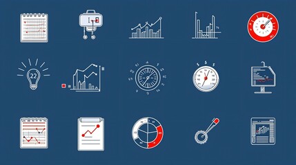 Aufkleber - Set of 15 thin line icons for data tracking and analysis featuring icons for spreadsheet KPI meter and optimization progress  suitable for business finance and technology applications