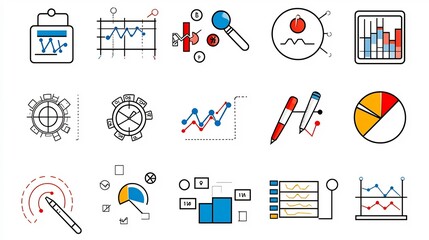 Leinwandbilder - Outline icon set of 15 essential statistical tools for data sorting comparison charting survey result visualization and other analytics and information organization needs in a clean