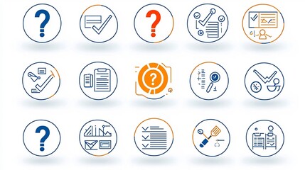 Aufkleber - Collection of 15 outline style icons for survey and feedback analysis featuring question marks checklists and pie charts in a minimal design for data visualization reporting and evaluation purposes