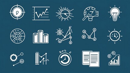Aufkleber - Comprehensive set of 15 icons representing key elements of statistical analysis data visualization and business intelligence including bar graphs report pages price indexes