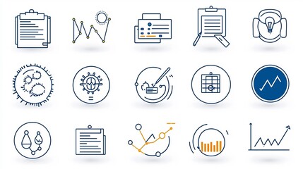 Poster - Set of 15 minimalist linear icons illustrating various aspects of statistical data collection analysis and visualization including symbols for file sharing growth trend analysis and survey completion
