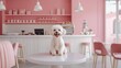 © RaptorWoman - Adorable fluffy dog sitting on a pink table in a stylish, modern caf? with pink interiors and d?cor.