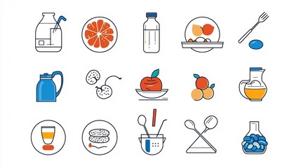 Leinwandbilder - Set of 15 thin line icons designed to provide visual guidance for healthy nutrition featuring elements such as meals and portion control for a well balanced lifestyle