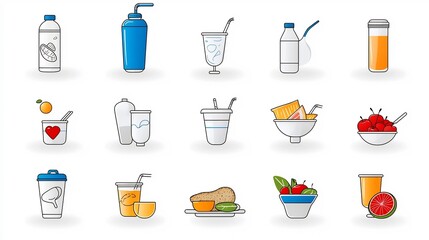 Aufkleber - Set of 15 thin line icons for dietary guidance featuring meals and portion control vector