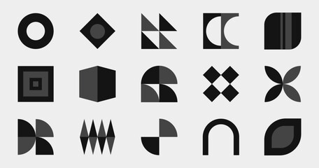 Wall Mural - abstract black shapes, retro decorative sticker set and banner, different decorative geometric forms
