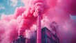 © RaptorWoman - A factory chimney releases vibrant pink smoke against a blue sky, highlighting industrial impact and environmental themes.