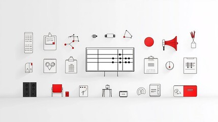 Aufkleber - Collection of minimalist outline style icons focused on event entertainment multimedia elements like cinema screen event schedule and sound system for digital presentations performances and