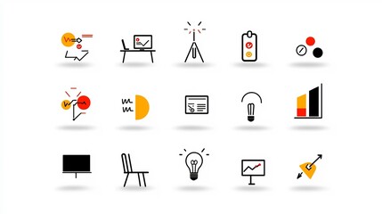 Aufkleber - Comprehensive set of 15 minimalist icons depicting various elements of meetings presentations and online Includes symbols for team discussions webinars digital whiteboards