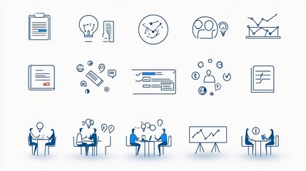 Poster - Collection of 15 linear corporate meeting icons representing important elements such as agenda participant list and presentation board
