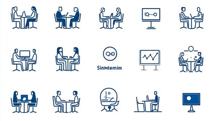 Poster - Set of 15 linear icons illustrating meeting and seminar themes including symbols for virtual meeting panel discussion and teamwork  A simple depicting corporate professional