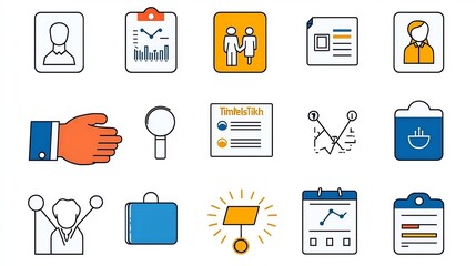 Poster - Set of 15 Outline Icons Representing Professional Interactions Including Handshake Meeting Schedule and Attendee Badge in Clean Style with Editable Strokes