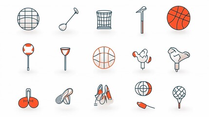 Poster - A collection of 15 linear sports icons featuring symbols for golf club volleyball and basketball hoop in a simple minimalist style