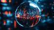 © INT888 - crystal ball reflecting vibrant cityscape with glowing lights, showcasing futuristic urban environment. scene captures blend of technology and imagination
