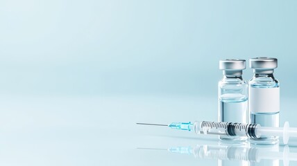 A clean and sterile setup featuring two vaccine vials and a syringe, set against a soft blue background.