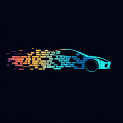 Abstract  illustration of a sports car made of pixels on a black background.