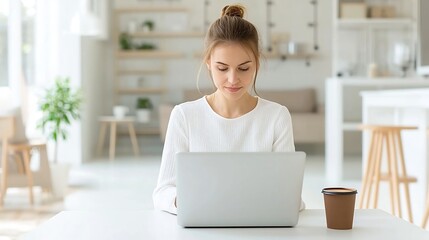 Aufkleber - Portrait of a focused woman working intently on her laptop in a modern bright room with a minimalist design  The white blouse blends seamlessly with the clean background