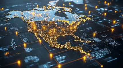 Fototapete - Futuristic digital depicting North America as a glowing network of golden data points and nodes creating an intricate high tech landscape with a visually striking and conceptual appearance