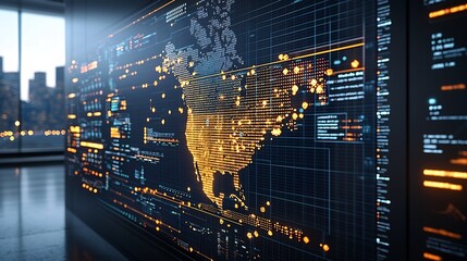 Leinwandbilder - Glowing digital grid with golden nodes illuminating the outline of North America