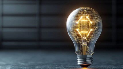 Poster - Transparent glass light bulb with complex golden circuitry inside symbolizing the fusion of creativity and advanced technology on a dark background with warm lighting emanating from the metallic base