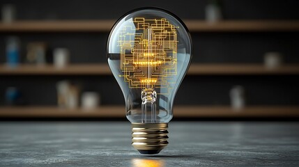 Aufkleber - Transparent light bulb with complex internal golden circuitry symbolizing the fusion of creativity and technology  The metallic base emits a warm glow against a dark background