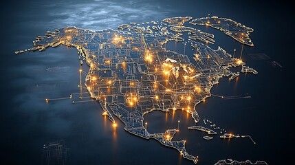 Fototapete - Stunning high tech digital map of North America featuring a complex network of interconnected nodes pulsing with golden light