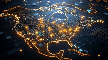 Fototapete - Visually stunning high tech map of North America showcasing a complex digital network with intricate patterns formed by golden light nodes