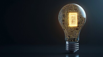 Fototapete - Glowing high tech light bulb with warm golden digital circuit patterns inside set against a dark background symbolizing innovation creativity and modern design concepts