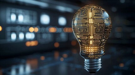 Fototapete - Glowing High Tech Light Bulb with Captivating Digital Circuit Patterns Inside Symbolizing the Innovative Spirit and Transformative Power of Modern Design