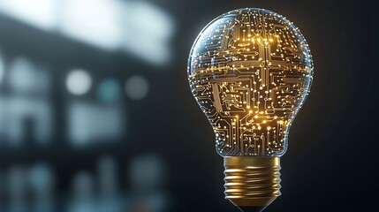 Poster - Glowing conceptual light bulb filled with intricate golden circuit designs warm metallic base glow against a dark background