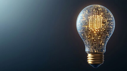 Poster - Conceptual lightbulb filled with intricate golden circuit designs and a warm metallic base glow against a dark background