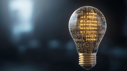 Fototapete - Conceptual light bulb filled with intricate golden circuit designs warm metallic base glow against a dark background