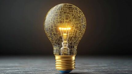 Poster - Illuminated metallic light bulb with complex circuit like patterns in a warm golden hue symbolizing the interconnectedness and creative potential of digital technology