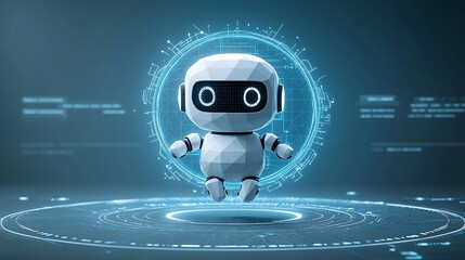 Fototapete - Innovative Low Polygon 3D Robot Assistant Hovering Above a Neon Blue Portal with a Tech Inspired Wireframe Background