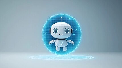 Fototapete - Low Poly 3D Robot Assistant Hovering Above Neon Blue Portal with Wireframe Tech Inspired Background Symbolizing Technology Innovation and Futuristic Digital Concepts