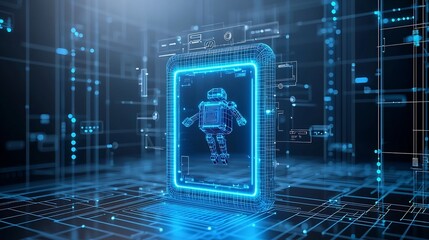 Fototapete - Futuristic 3D digital robot with a low poly blue structure floating above a bright blue neon portal surrounded by a tech inspired wireframe background