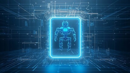 Aufkleber - Futuristic 3D abstract digital robot with a low poly blue structure floating above a bright blue neon portal surrounded by a tech inspired wireframe background