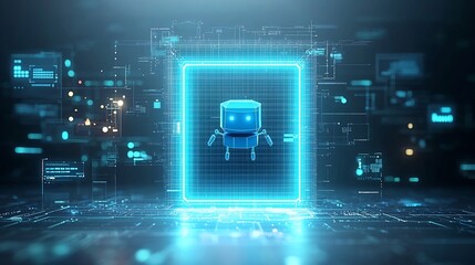 Aufkleber - Blue Polygonal Bot Floating Above Glowing Neon Portal with Abstract Digital Elements in a Futuristic Low Poly Wireframe Style Showcasing the Concept of Technological Innovation and Intelligence