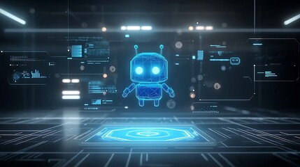 Fototapete - Cute blue polygonal bot or robot floating above a glowing neon portal surrounded by abstract digital elements in a low poly wireframe style representing a futuristic innovation and technology concept