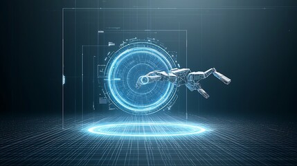 Fototapete - Futuristic 3D abstract polygonal robot assistant hovering over a glowing neon blue portal set against a low poly wireframe tech background