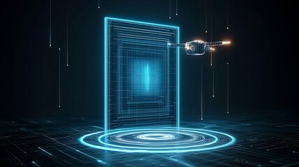 Aufkleber - Futuristic 3D abstract polygonal robot assistant hovering over a neon blue portal set against a low poly wireframe tech background representing the progress and innovation of digital and technology