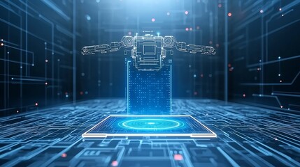 Fototapete - Futuristic 3D Polygonal Robot Assistant Hovering Over Neon Blue Portal Set Against a Low Poly Wireframe Tech Background Representing the Progress of Digital and Technology