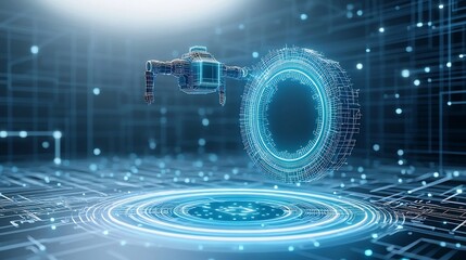 Aufkleber - Captivating 3D of a polygonal robot assistant hovering over a glowing blue portal set against a low poly wireframe tech background