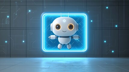Fototapete - Cute and futuristic polygonal 3D robot assistant hovering over a glowing blue neon portal with a low poly wireframe tech background representing an abstract digital innovation scene