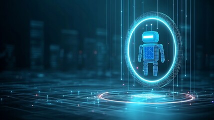 Fototapete - Floating low poly blue robot assistant over a neon light portal futuristic digital tech background with wireframe vectors representing innovation and technology