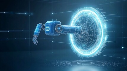 Fototapete - Futuristic robot assistant hovering over a glowing neon light portal with a wireframe and digital tech background representing innovation and advancements in intelligence and technology